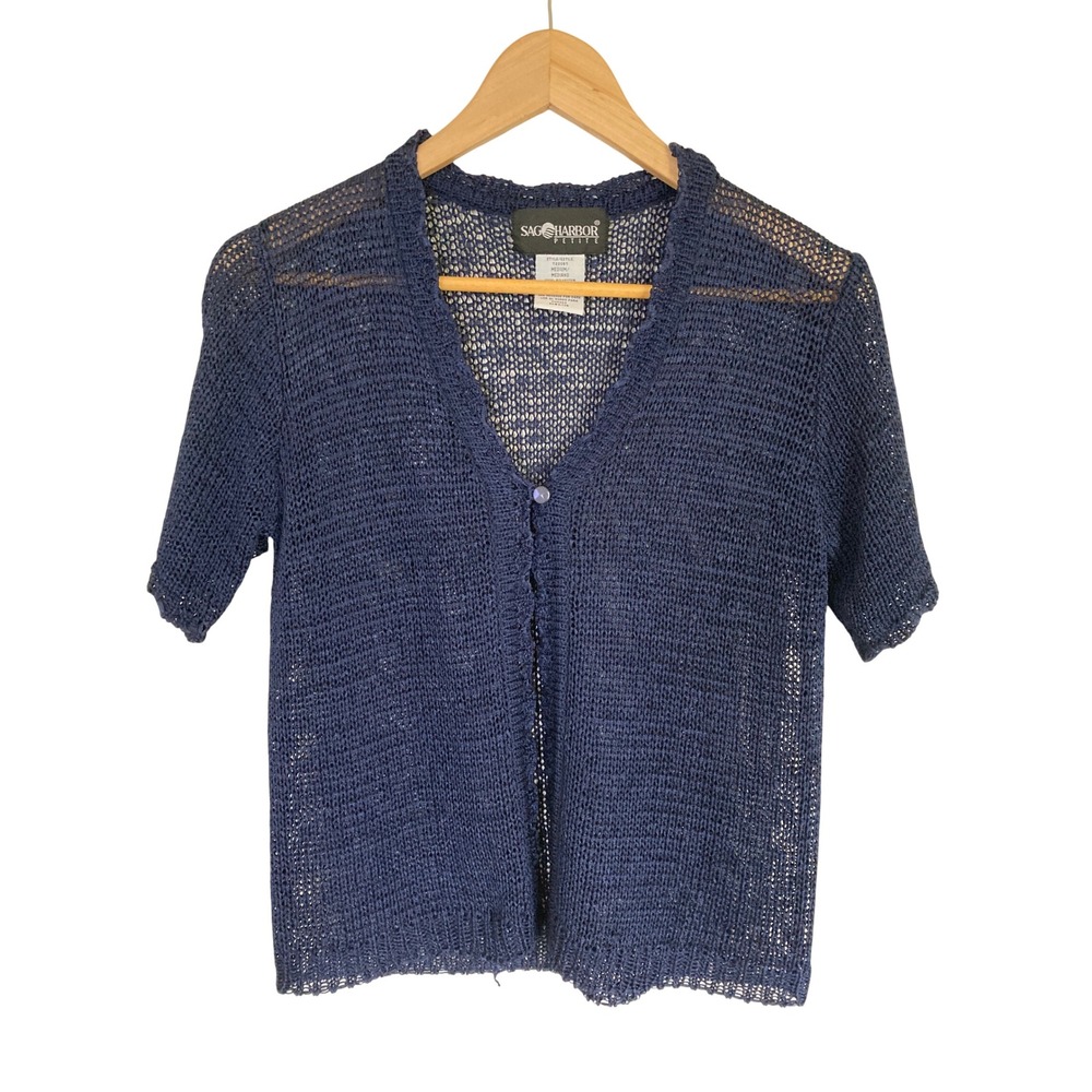 Sag Harbor Petite Navy Blue Open Knit Mesh Short Sleeve Cardigan Sweater Medium